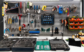 Automotive accessories and tools in a professional workshop.