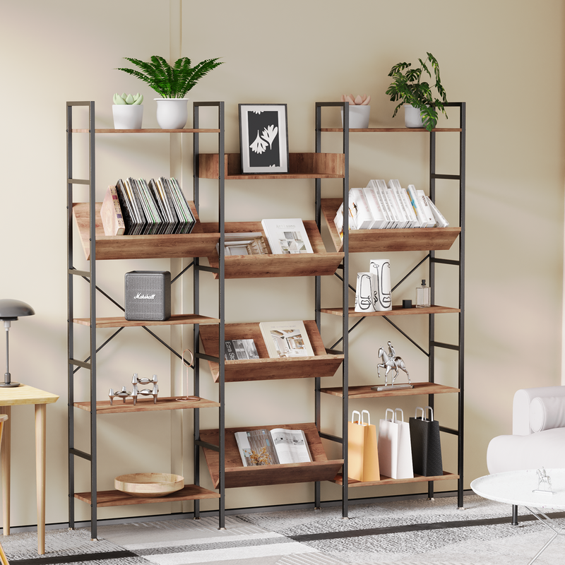 Triple Wide 5 Tier Bookshelf,Tall Bookcase with 14 Open Display Shelves