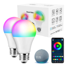 Smart Light Bulbs, Full Color Changing Dimmable Smart WiFi Bulbs Compatible with Alexa and Google Home, A19, 60 W 800 Lumens,2.4Ghz only, No Hub Required, 2-Pack , Multicolor