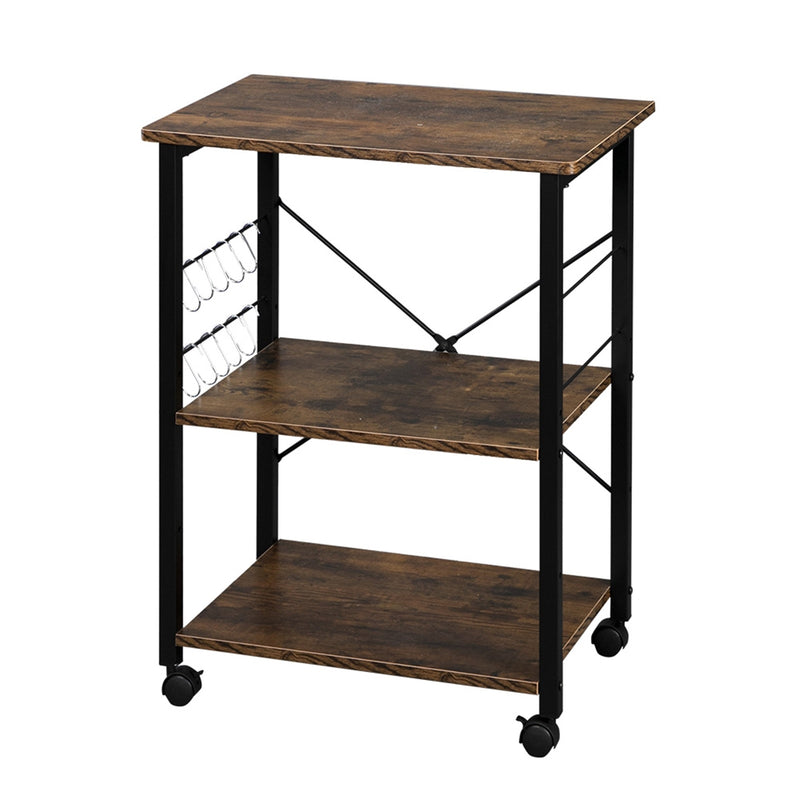 Baker's Rack 3-Tier Kitchen Utility Microwave Oven Stand Storage Cart Workstation Shelf(Vintage Board Top Black Metal Frame)