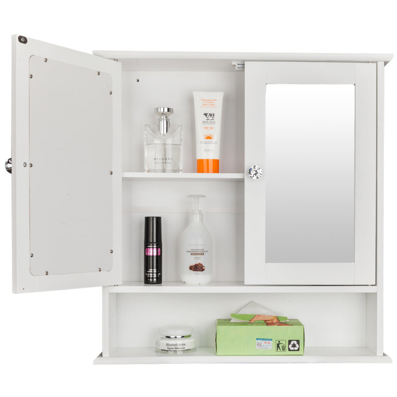 Double Door Mirror Indoor Bathroom Wall Mounted Cabinet Shelf White