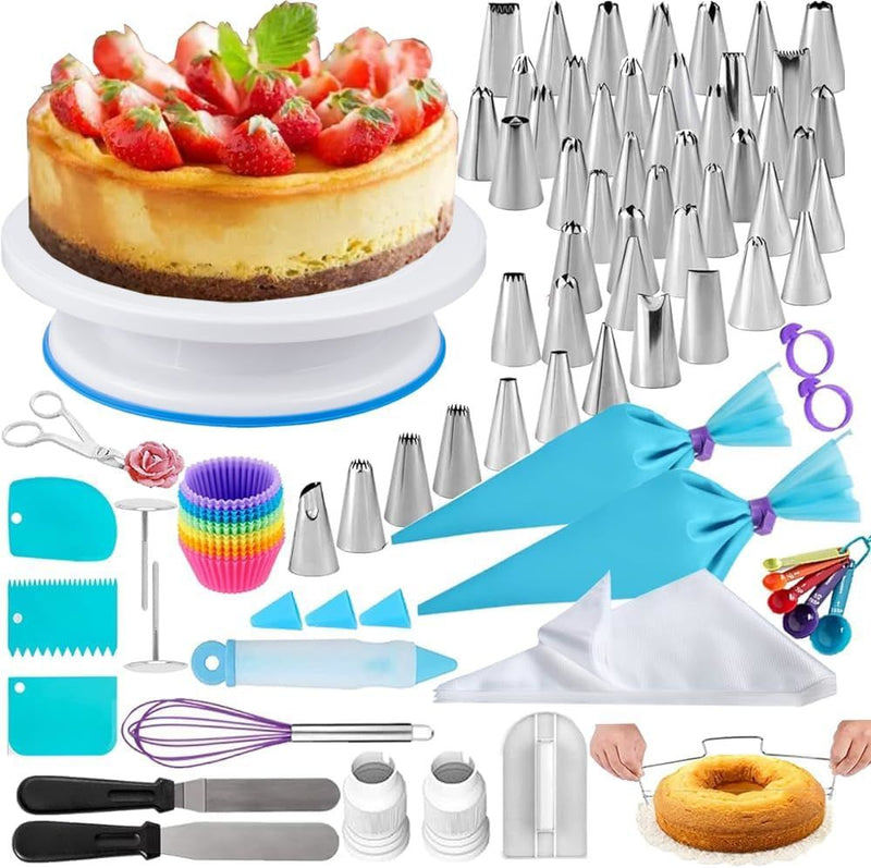 100Pcs Cake Decorating Supplies Kit - Cake Turntable Set with 48 Icing Piping Tips, 20 Disposable Pastry Bags, 2 Couplers, Baking Tools for Beginners, Cupcake Decorating Kit