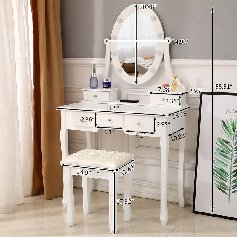 FCH With Light Bulb Single Mirror 5 Drawer Dressing Table White=60709581