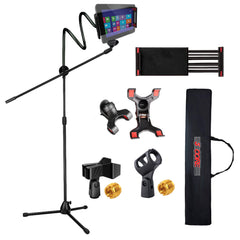 5 Core Microphone Stand + Phone Holder Floor Boom Mic Stand Gooseneck + Tablet Holder Collapsible Adjustable Tripod Mic Stand w Two Mic Clips + Carry Bag for Singing Karaoke Studio Parties MS MOB