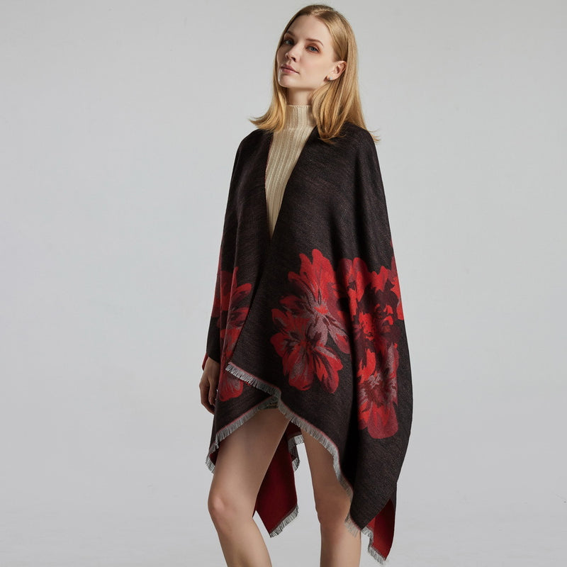 Ladies Double Sided Shawl Shawl Jacquard Split Thickened Warm Split Shawl Cape