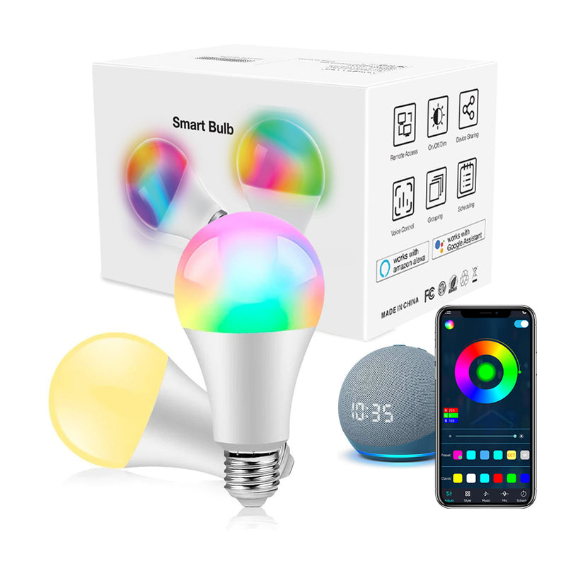 Smart Light Bulbs, Full Color Changing Dimmable Smart WiFi Bulbs Compatible with Alexa and Google Home, A19, 60 W 800 Lumens,2.4Ghz only, No Hub Required, 2-Pack , Multicolor