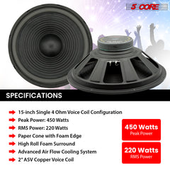 5 Core Subwoofer Speaker 15 Inch Car Sub Woofer 450W Max High Power Pro Audio 4 Ohm 40 Oz Y30 Magnet Big Replacement Bass Subs Para Carro - WF 15 140 4OHM