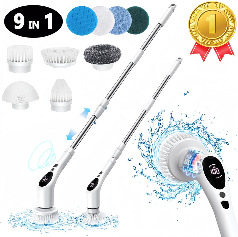 Electric Spin Scrubber, New Cordless Voice Prompt Cleaning Brush with 9 Replaceable Brush Heads, 3 Adjustable Speeds, and Adjustable Extension Long Handle