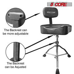 5 CORE Drum Throne with Backrest Black Thick Padded Saddle Drum Seat Comfortable Motorcycle Style Drum Chair Stool Height Adjustable Double Braced Tripod Legs for Drummers - DS CH BLK Rest