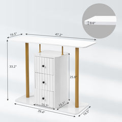 Modern Console Table with 3 Drawers, Faux Marble Veneer Entryway Table, Metal Frame Narrow Sofa Accent Table, Sofa Side Table for Living Room Bedroom, White & Golden