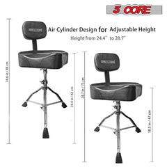 5 CORE Drum Throne with Backrest Black Thick Padded Saddle Drum Seat Comfortable Motorcycle Style Drum Chair Stool Height Adjustable Double Braced Tripod Legs for Drummers - DS CH BLK Rest