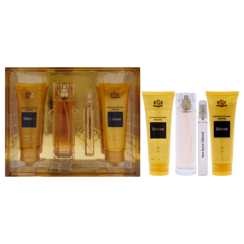 Prestige Silence by New Brand for Women - 4 Pc Gift Set 3.3oz EDP Spray, 0.5oz EDP Spray, 4.3oz Shower Gel, 4.3oz Body Lotion