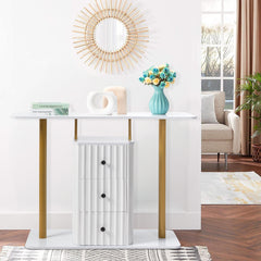 Modern Console Table with 3 Drawers, Faux Marble Veneer Entryway Table, Metal Frame Narrow Sofa Accent Table, Sofa Side Table for Living Room Bedroom, White & Golden