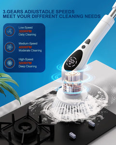 Electric Spin Scrubber, New Cordless Voice Prompt Cleaning Brush with 9 Replaceable Brush Heads, 3 Adjustable Speeds, and Adjustable Extension Long Handle