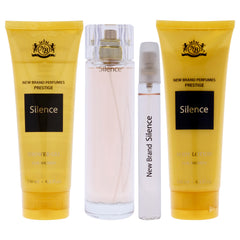 Prestige Silence by New Brand for Women - 4 Pc Gift Set 3.3oz EDP Spray, 0.5oz EDP Spray, 4.3oz Shower Gel, 4.3oz Body Lotion