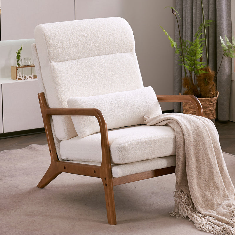 High Back Solid Wood Armrest Backrest Iron Frame Teddy Velvet Indoor Leisure Chair Off-White