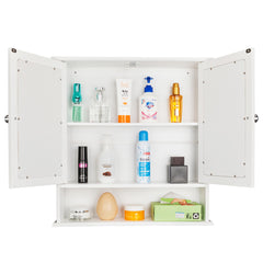 Double Door Mirror Indoor Bathroom Wall Mounted Cabinet Shelf White