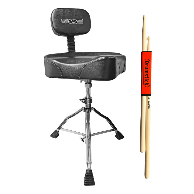 5 CORE Drum Throne with Backrest Black Thick Padded Saddle Drum Seat Comfortable Motorcycle Style Drum Chair Stool Height Adjustable Double Braced Tripod Legs for Drummers - DS CH BLK Rest