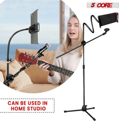 5 Core Microphone Stand + Phone Holder Floor Boom Mic Stand Gooseneck + Tablet Holder Collapsible Adjustable Tripod Mic Stand w Two Mic Clips + Carry Bag for Singing Karaoke Studio Parties MS MOB