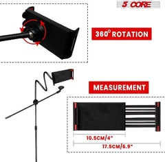 5 Core Microphone Stand + Phone Holder Floor Boom Mic Stand Gooseneck + Tablet Holder Collapsible Adjustable Tripod Mic Stand w Two Mic Clips + Carry Bag for Singing Karaoke Studio Parties MS MOB