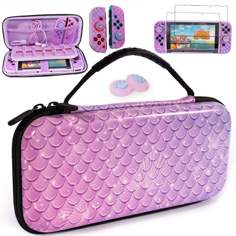 Purple Carrying Case Compatible with Nintendo Switch (NOT OLED or Lite) with Dockable Protective Cover +Tempered Screen Protector +Thumb Grip Caps, Gaming Accessories Bundle for Girls Birthday Mermaid