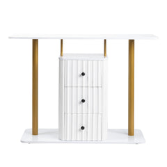 Modern Console Table with 3 Drawers, Faux Marble Veneer Entryway Table, Metal Frame Narrow Sofa Accent Table, Sofa Side Table for Living Room Bedroom, White & Golden