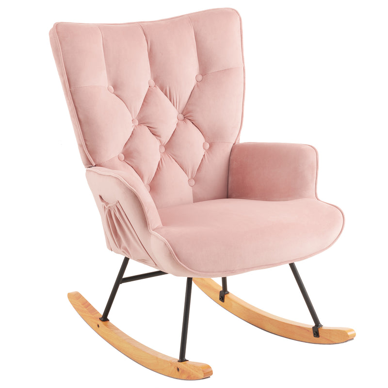 Rocking Chair Nursery, Upholstered Glider Rocker with High Backrest, Stylish Modern Rocking Accent Chair Glider Recliner for Living Room Nursery Bedroom, Pink