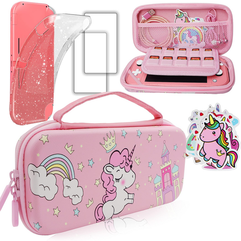 Pink Unicorn Carrying Case Compatible with Nintendo Switch Lite with Crystal Glitter Soft Protective Case Cover+Screen Protector+Stickers, Hard Storage Case Accessories Kit for Girls Birthday Gift