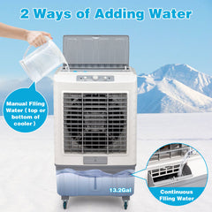 3 in 1 Portable Evaporative Cooler,Indoor,Outdoor,4118CFM Personal Air Cooler,Mechanical control ,13.2 Gal Large Water Tank & Scroll Casters, 4 Ice Packs,White and gray