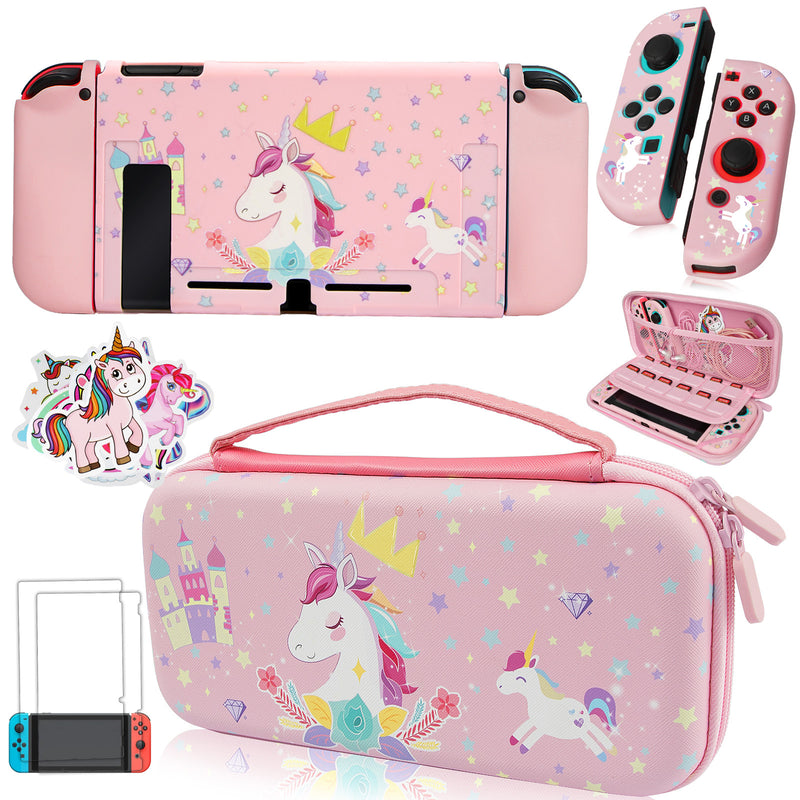 Pink Unicorn Carrying Case Compatible with Nintendo Switch (Not OLED or Lite) with Dockable Protective Grip Case +Screen Protector +Unicorn Stickers, Hard Storage Case Accessories Kit Bundle for Girls