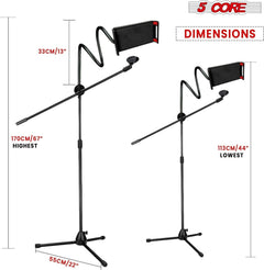 5 Core Microphone Stand + Phone Holder Floor Boom Mic Stand Gooseneck + Tablet Holder Collapsible Adjustable Tripod Mic Stand w Two Mic Clips + Carry Bag for Singing Karaoke Studio Parties MS MOB