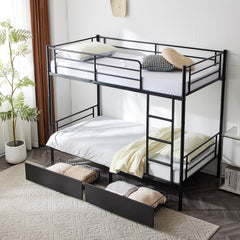 Twin Over Twin Convertible Bunk Bed with 2 Storage Drawers, Metal Bunk Bed Can be Divided Into Two Daybeds, Black