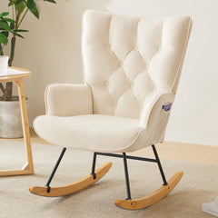 Rocking Chair Nursery, Upholstered Glider Rocker with High Backrest, Stylish Modern Rocking Accent Chair Glider Recliner for Living Room Nursery Bedroom, Ivory