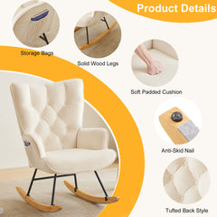 Rocking Chair Nursery, Upholstered Glider Rocker with High Backrest, Stylish Modern Rocking Accent Chair Glider Recliner for Living Room Nursery Bedroom, Ivory